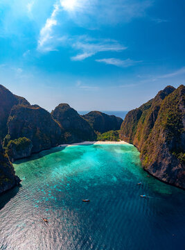 Aerial View from above of Ko Phi Phi Lee with paradise lagoon Maya Bay. Amazing travel drone photo of landmark of Thailand, Andaman Sea, Krabi
