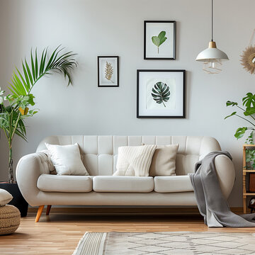 Cozy and Contemporary Living Room with an Inviting white Sofa and space picture white frame strick at the wall 
