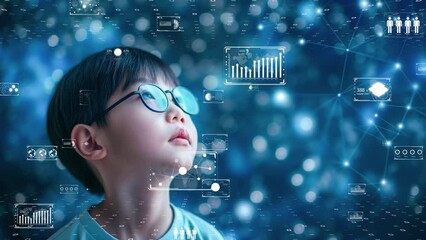 Educational future with a young student learning through augmented reality, data visualization, interactive learning. Digital native generation concept. - Powered by Adobe