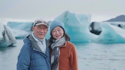 An elderly Asian couple embraces in front of icy blue glaciers, showcasing a lifetime of love against the stark beauty of nature.