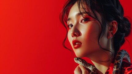 Fashion portrait of a Chinese woman with a python, symbol of 2005 year by Chinese horoscope, against a vivid red backdrop, conveying themes of beauty and danger.