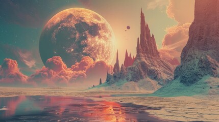 Alien landscape with towering spires and a large, fiery planet in the sky, evoking sci-fi, exploration, and otherworldliness. - obrazy, fototapety, plakaty