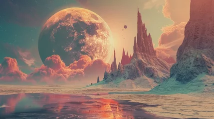 Foto op Canvas Alien landscape with towering spires and a large, fiery planet in the sky, evoking sci-fi, exploration, and otherworldliness. © mashimara