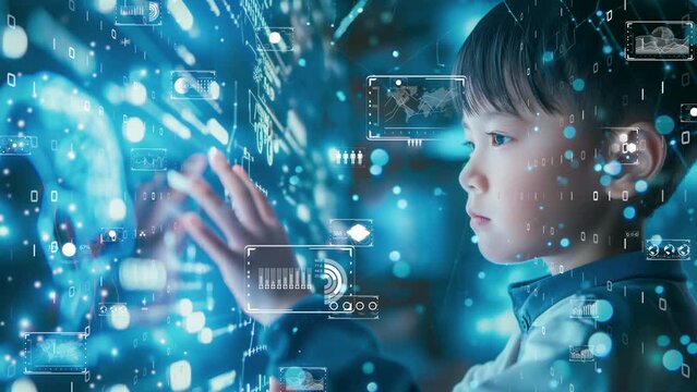 Educational future with a young student learning through augmented reality, data visualization, interactive learning. Digital native generation concept.