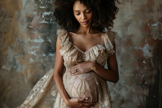 Expectant mother in a stunning dress lovingly embracing her belly