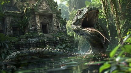 a majestic Naga rising from the ruins of an ancient temple submerged in a jungle river with hyper-realistic details of the serpents scales and the lush environment