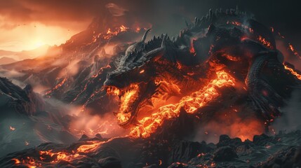 Zmey Gorynychs dramatic emergence from a volcano with hyper-realistic lava flows and smoke - obrazy, fototapety, plakaty