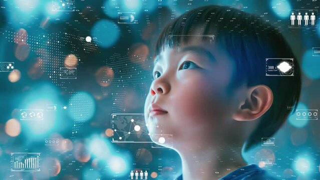 Educational future with a young student learning through augmented reality, data visualization, interactive learning. Digital native generation concept.