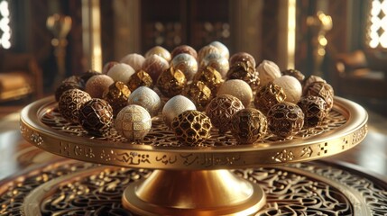 Fototapeta premium an exquisite assortment of date palm truffles presented on a golden intricately carved tray