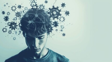 Conceptual image of a young person with gears overlaying the head, symbolizing thought, innovation, and mental processing. ADHD and mental health problems