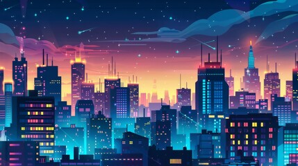 A digital illustration of a futuristic cityscape under a starry sky, blending urban architecture with dreamy cosmic elements. - obrazy, fototapety, plakaty