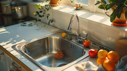 A bright European kitchen with stainless steel sink, with faucet, white cabinets, next to a few fruits