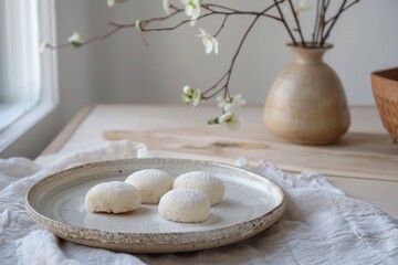 A delicate arrangement of Nordic almond cakes on a simple pastel-colored ceramic plate