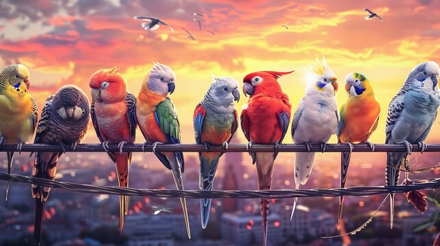 A group of talking birds of various species perched on a telephone wire realistic textures and lively expressions