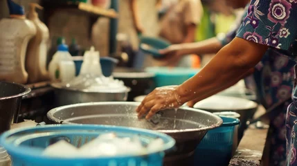 Foto op Canvas a close up of women hand washing dishes in background, focus on a flat labeled product, © Thuch