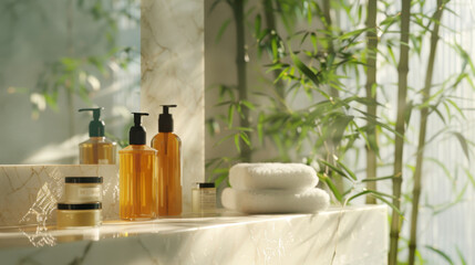 Fototapeta na wymiar A serene bathroom scene featuring organic skincare products arranged on a marble countertop a bamboo plant in the background