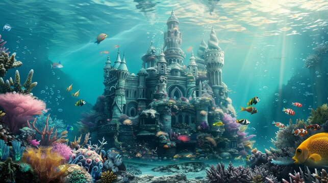 a grand castle made of vibrant seashells and coral surrounded by colorful reef fish
