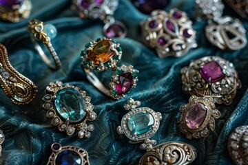 Obraz premium Close-up of a collection of handcrafted jewelry pieces on a luxurious velvet background including rings
