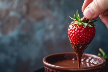 Close-up of a hand dipping a ripe strawberry into a rich velvety artisan chocolate fondue