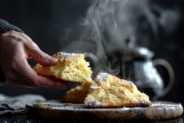 Close-up of a hand breaking open a steaming Earl Grey infused scone revealing its fluffy interior