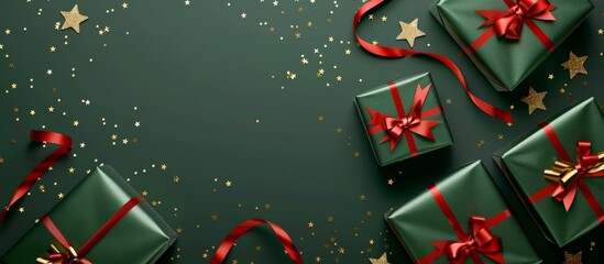 Festive green gifts with red and gold ribbons amidst golden stars and glitter on a dark green background, perfect for Christmas and seasonal use.
