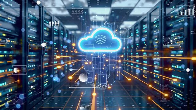 Futuristic data center with holographic cloud computing interface. Digital cloud technology in a high-speed computing environment.