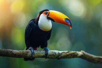 A colorful bird with a long beak is perched on a rock. The bird's bright colors and unique beak make it stand out against the natural surroundings. toucan, one of the most colorful birds in the world - Powered by Adobe