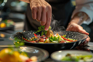 Close-up of someones hands preparing a dish from a gourmet cooking kit showcasing exotic ingredients and the cooking process