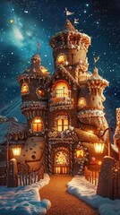 Obraz premium Fantastical art of a towering gingerbread castle at night illuminated by lanterns made of hard candies