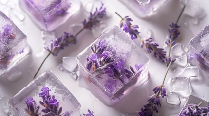 Fototapeta na wymiar Lavender flowers encapsulated in clear ice cubes on a white surface with water droplets, suggesting freshness and natural beauty.