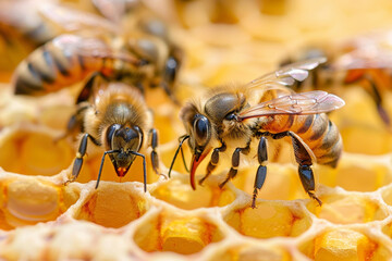 working honeybees closeup