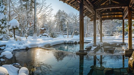 A tranquil hot spring bath surrounded by snow-covered rocks, trees, and traditional Japanese architecture, creating a serene, winter scene.