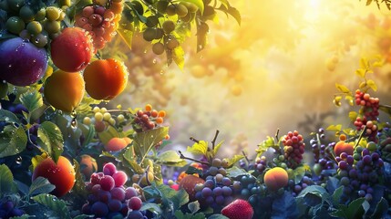 Photorealistic view of an enchanted fruit garden at sunrise with fruits glowing softly