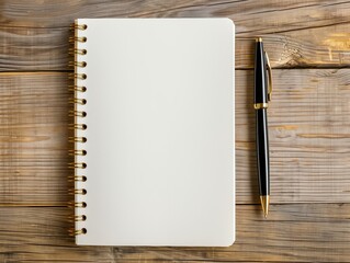 Blank page notebook with pen on wooden table.