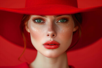 A woman wearing a red hat and red dress is posing for a photo. high quality female portrait, minimalism in a red background, woman with red elegant hat is looking into the camera