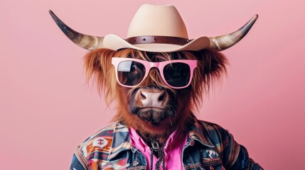 Highland Cow with Cowboy Hat and Sunglasses on Pink Background
