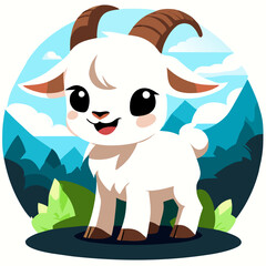 An adorable goat happily grazes in the lush greenery of nature.