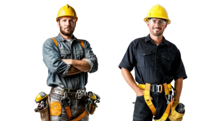 Maintenance Electrical man in safety suit with equipment standing on transparent background.