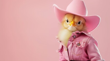 Yellow Chicken in Pink Coastal Cowgirl Outfit with Denim Jacket and Cowboy Hat on Pink Backdrop