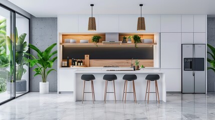 a modern minimal kitchen with white cupboards and black and wood detailing and appliances in a contemporary minimalist