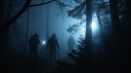 Friends maneuvering through a dense, mystical fog in a dark forest during an adventurous night expedition. - obrazy, fototapety, plakaty