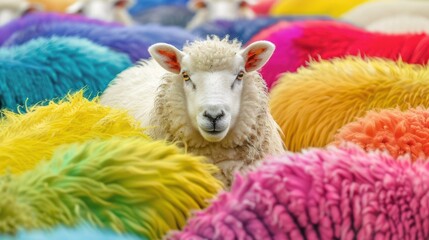 a white color sheep in a field full of rainbow colored sheep 