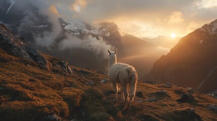 a white lama walking towards the sunrise in the mountains