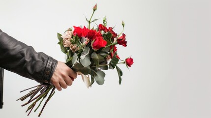 a woman giving a man a manly valentine bouquet, white background