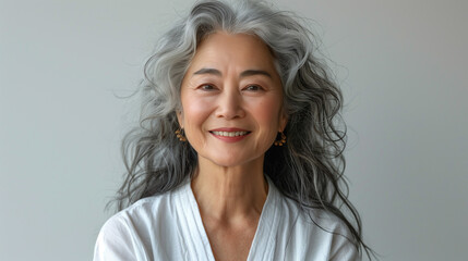 Portrait of a confident senior woman with elegant white hair and a warm smile, wearing a white shirt, embodying timeless beauty and sophistication.