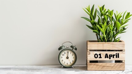 An April fool's day with a cube calendar with text "01 APRIL", one plant and one table clock on a white clean background