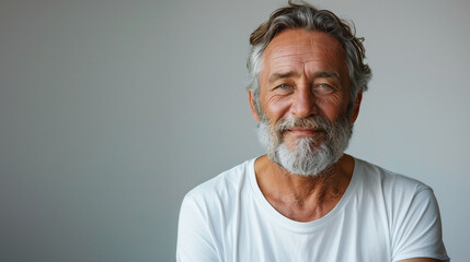 Portrait of a confident senior woman with elegant white hair and a warm smile, wearing a white shirt, embodying timeless beauty and sophistication.