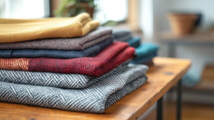 angled view of some folded apparel on a display table
