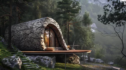 Papier Peint photo autocollant Texture du bois de chauffage Classic stone cabin that blends with the natural surroundings
