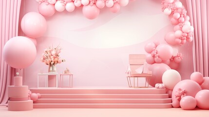 A creatively designed stage featuring a pastel-colored podium and a ball-shaped cosmetic product display, making it an ideal backdrop for a joyful and love-filled Mother's Day promotion